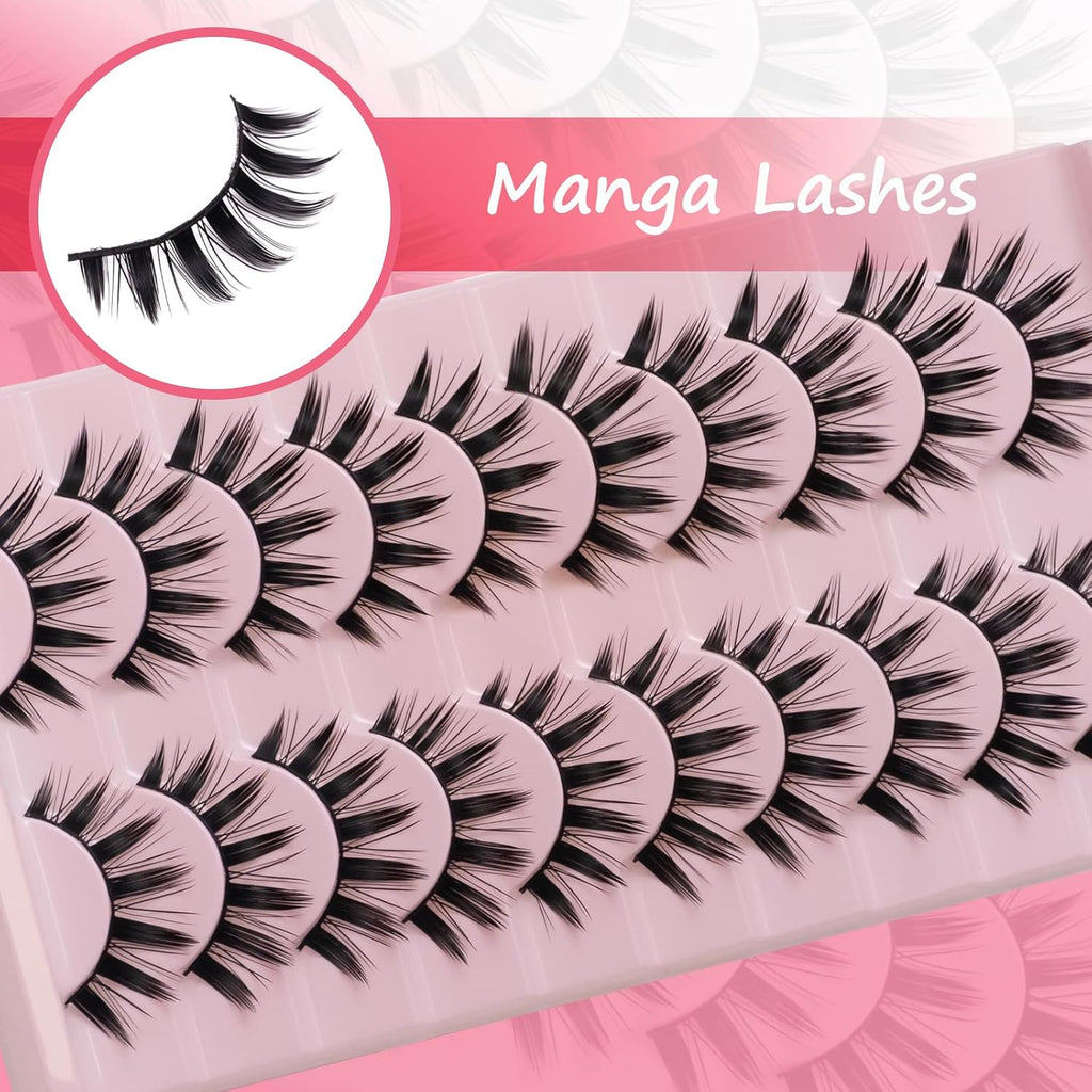 Wikbik B5 Manga Anime False Eyelashes 10 Pairs - 16mm Spiky Wispy Faux Mink