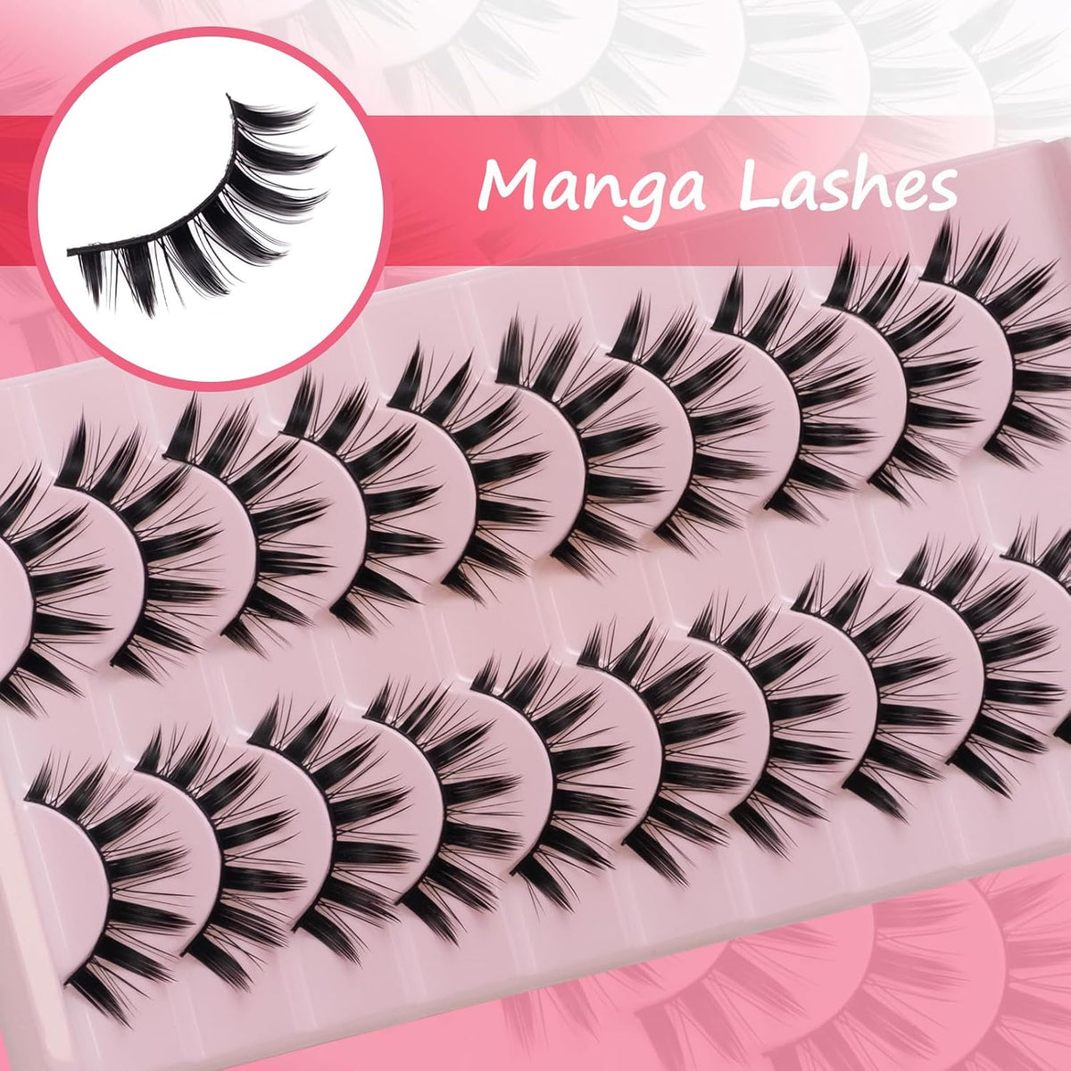 Wikbik B5 Manga Anime False Eyelashes 10 Pairs - 16mm Spiky Wispy Faux Mink